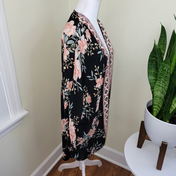 Billabong Floral Kimono Black Pink Floral Open Front Cardigan Women's S/M - Picture 9 of 13